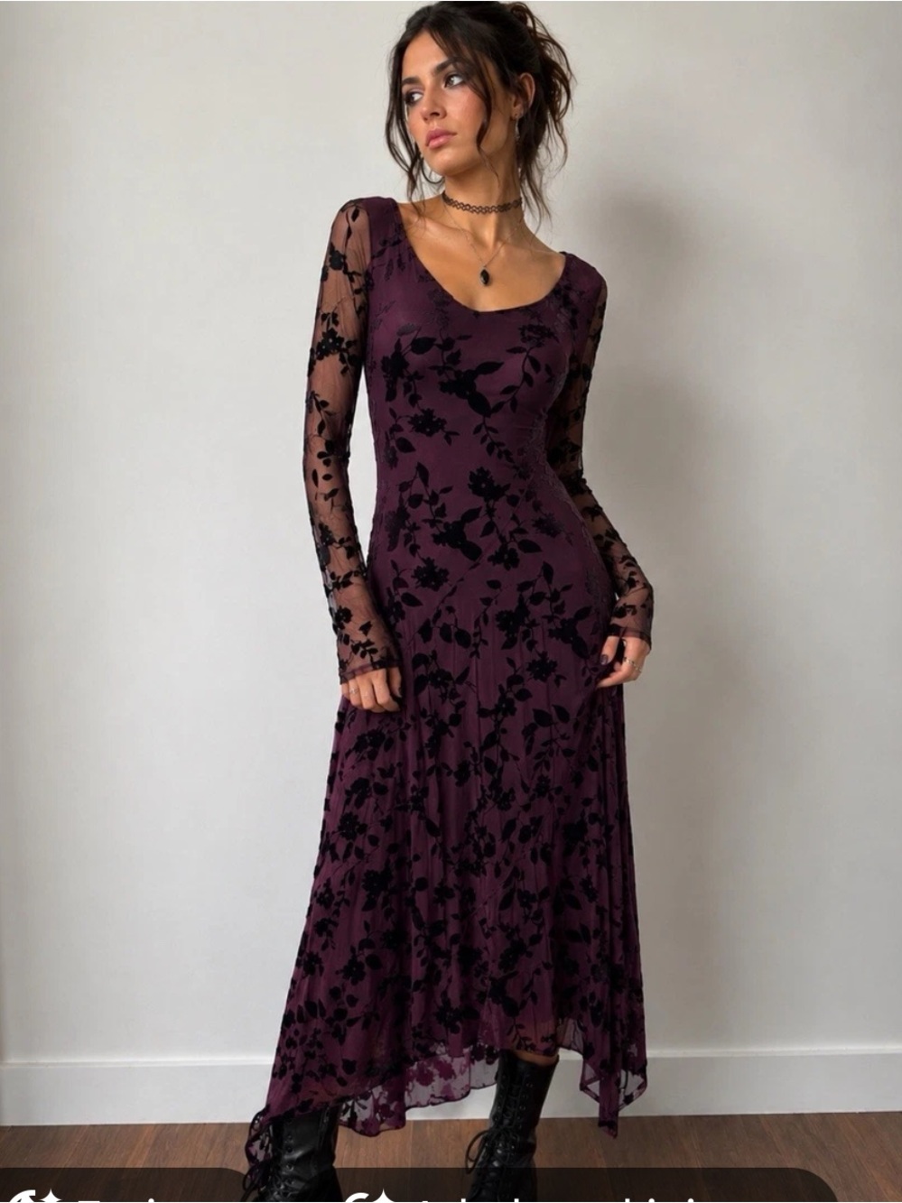 Trixxi Burgundy wine Floral Velvet Burnout Maxi Dress XL whimsygoth grunge Y2K